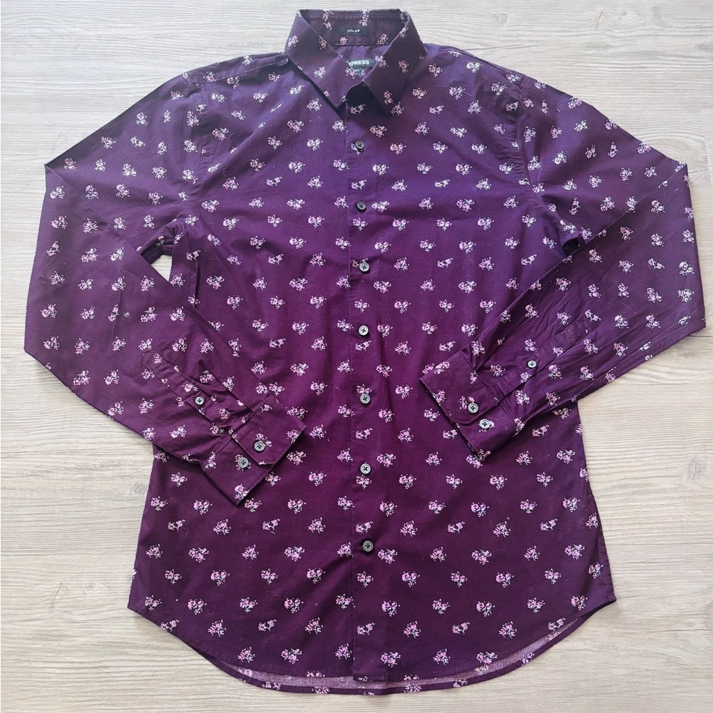 Express Men's Dark Purple Floral Button Down Shirt